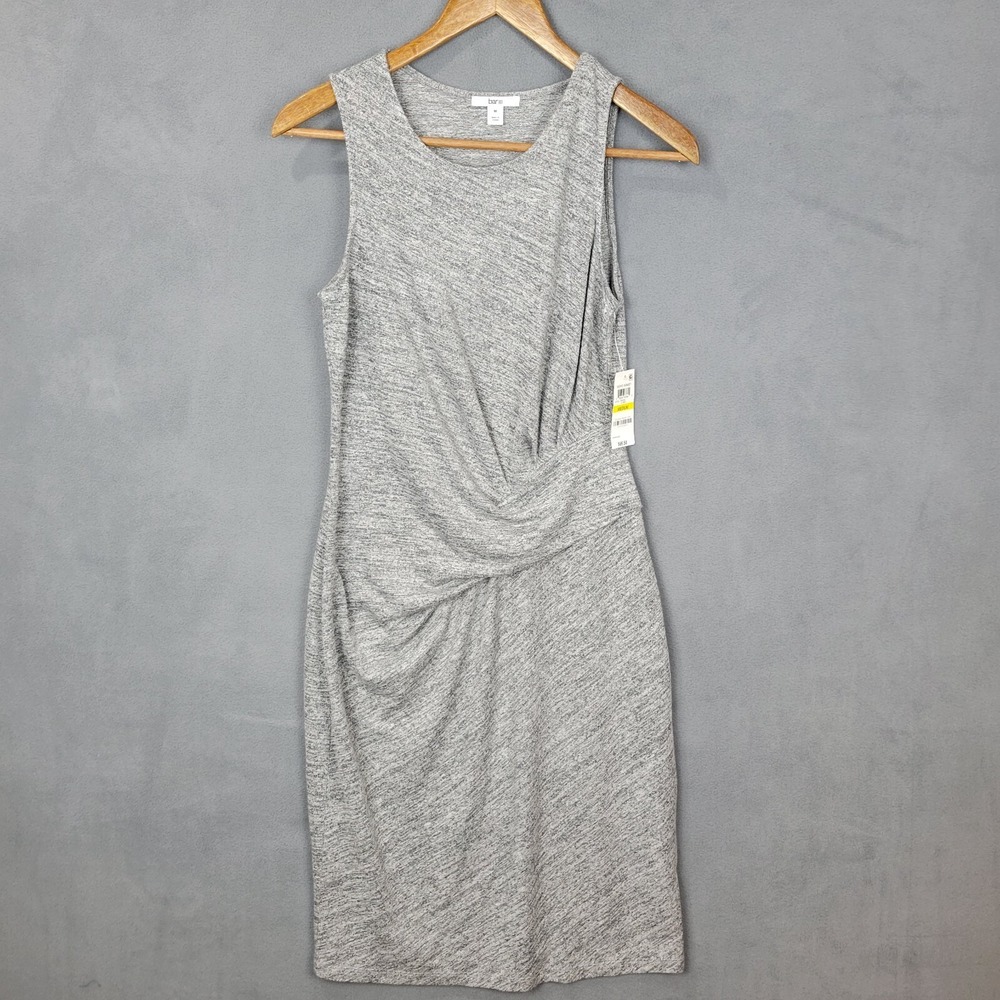 Bar III Ruched Bodycon Dress Women's Medium‎ Gray Stretch Round Neck Pullover